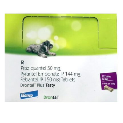 Drontal Plus Tasty deworming tablets for dogs – chewable broad-spectrum anthelmintic for treatment of roundworms, hookworms, whipworms, and tapeworms.