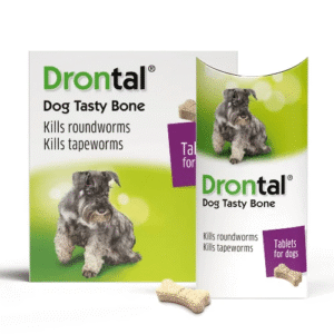 Drontal Plus Tasty deworming tablets for dogs – chewable broad-spectrum anthelmintic for treatment of roundworms, hookworms, whipworms, and tapeworms.
