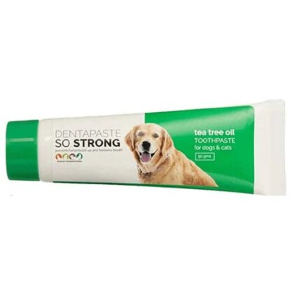 Tube of Dentapaste dental gel for dogs, designed to clean teeth and freshen breath, with dog-friendly formula and packaging