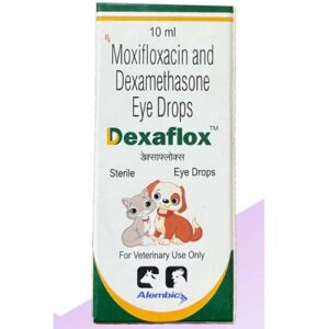 Moxifloxacin & Dexamethasone Pet Eye Drops 10 ml: Dual-action eye drops for pets to treat bacterial infections and reduce inflammation.