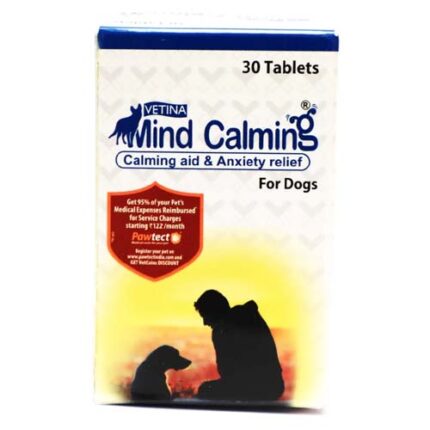 Bottle of Mind Calming tablets for dogs used to reduce anxiety and promote behavioral balance
