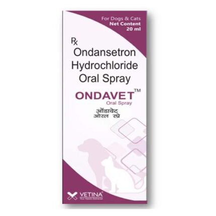 Bottle of Ondansetron Hydrochloride Oral Spray 20 ml for dogs used to relieve nausea and vomiting symptoms.