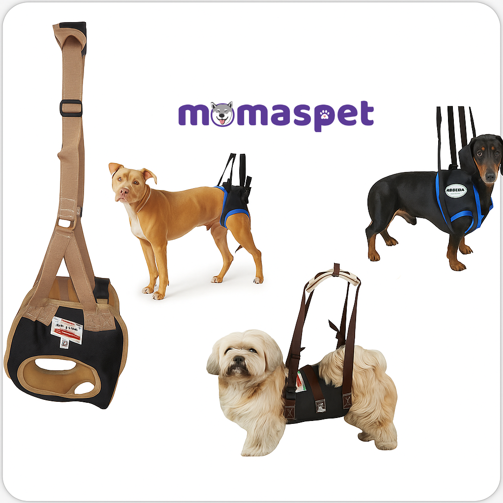 Dog using a hind sling belt for rear leg support and assisted walking during recovery