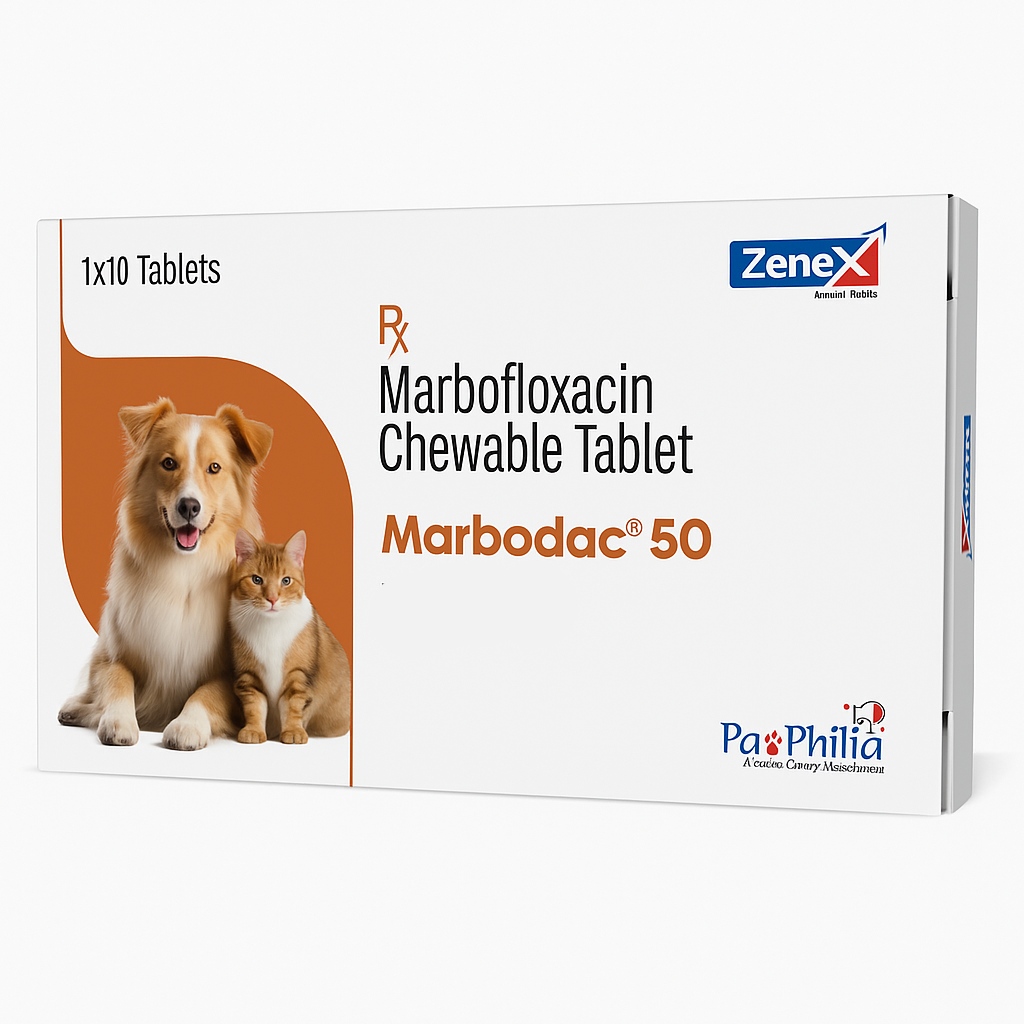 Marbofloxacin Chewable Tablet for Pets, a medication designed to treat bacterial infections in dogs and cats