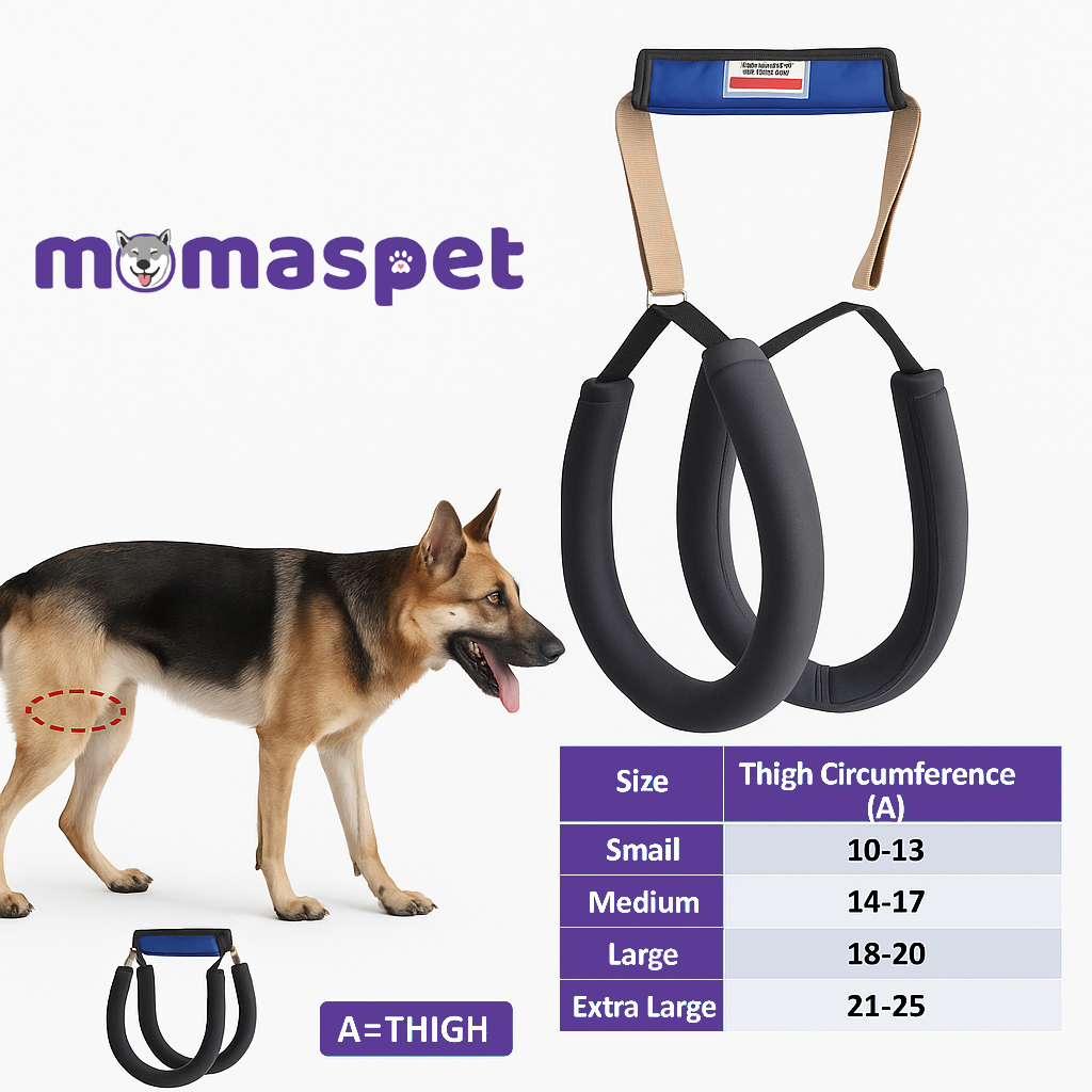 Dog wearing a sling lift belt for hind leg support during recovery.