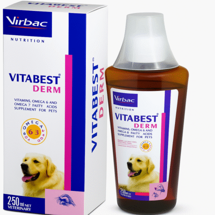 Vitabest Derm 250 mL for pets, a liquid supplement for skin health and coat care.