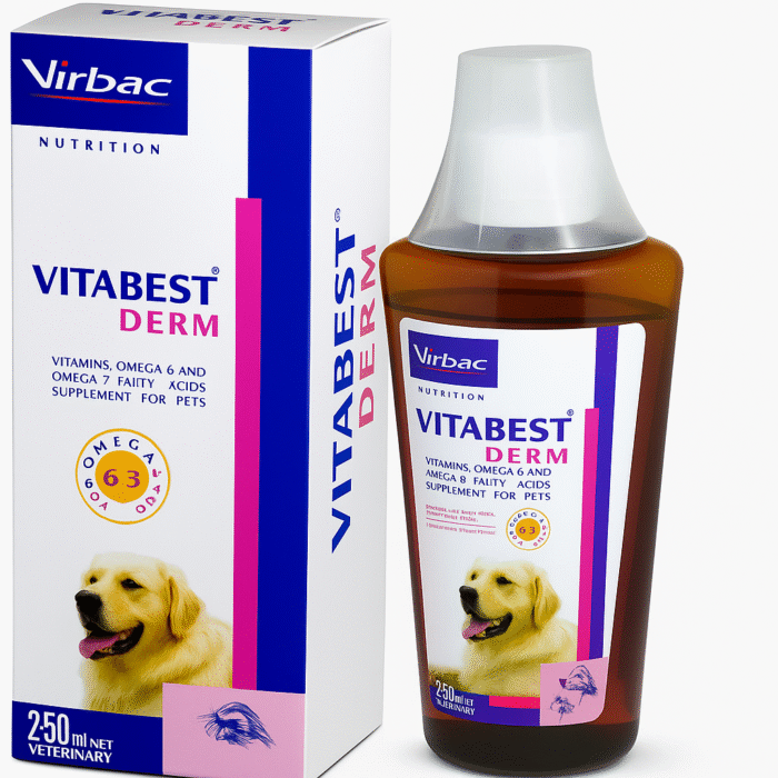 Vitabest Derm 250 mL for pets, a liquid supplement for skin health and coat care.